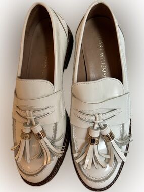 Stuart Weitzman Manila Tassel Loafers Bone White Leather Lug Sole Women's Size 7